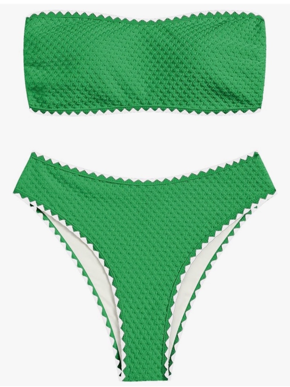 Zaful Green Textured Bandeau Bikini with Contrast Scallop Trim